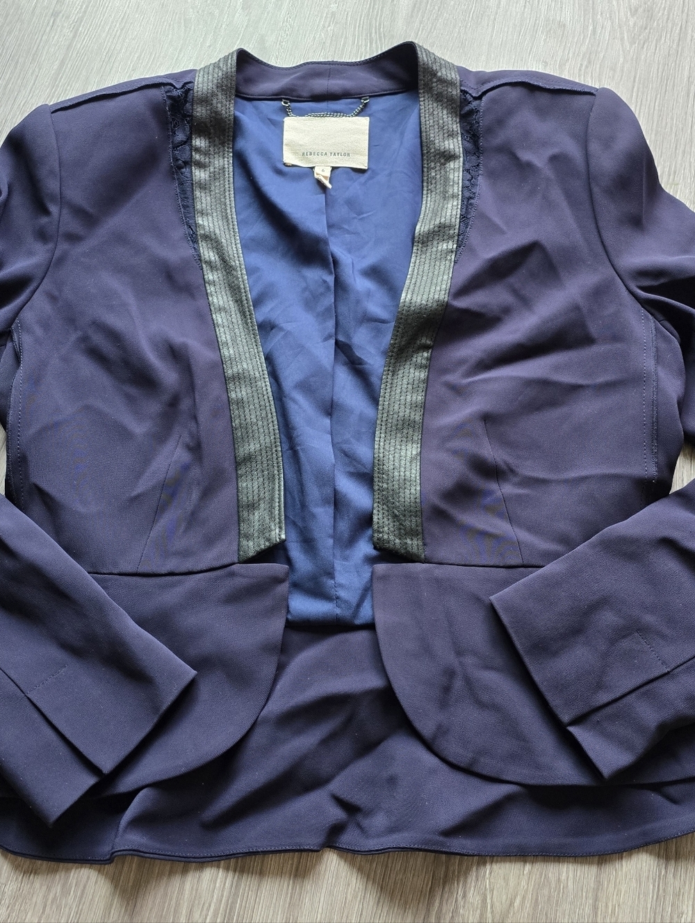 Rebecca Taylor Silk Trim Open Front Blazer Jacket Size 6 Navy